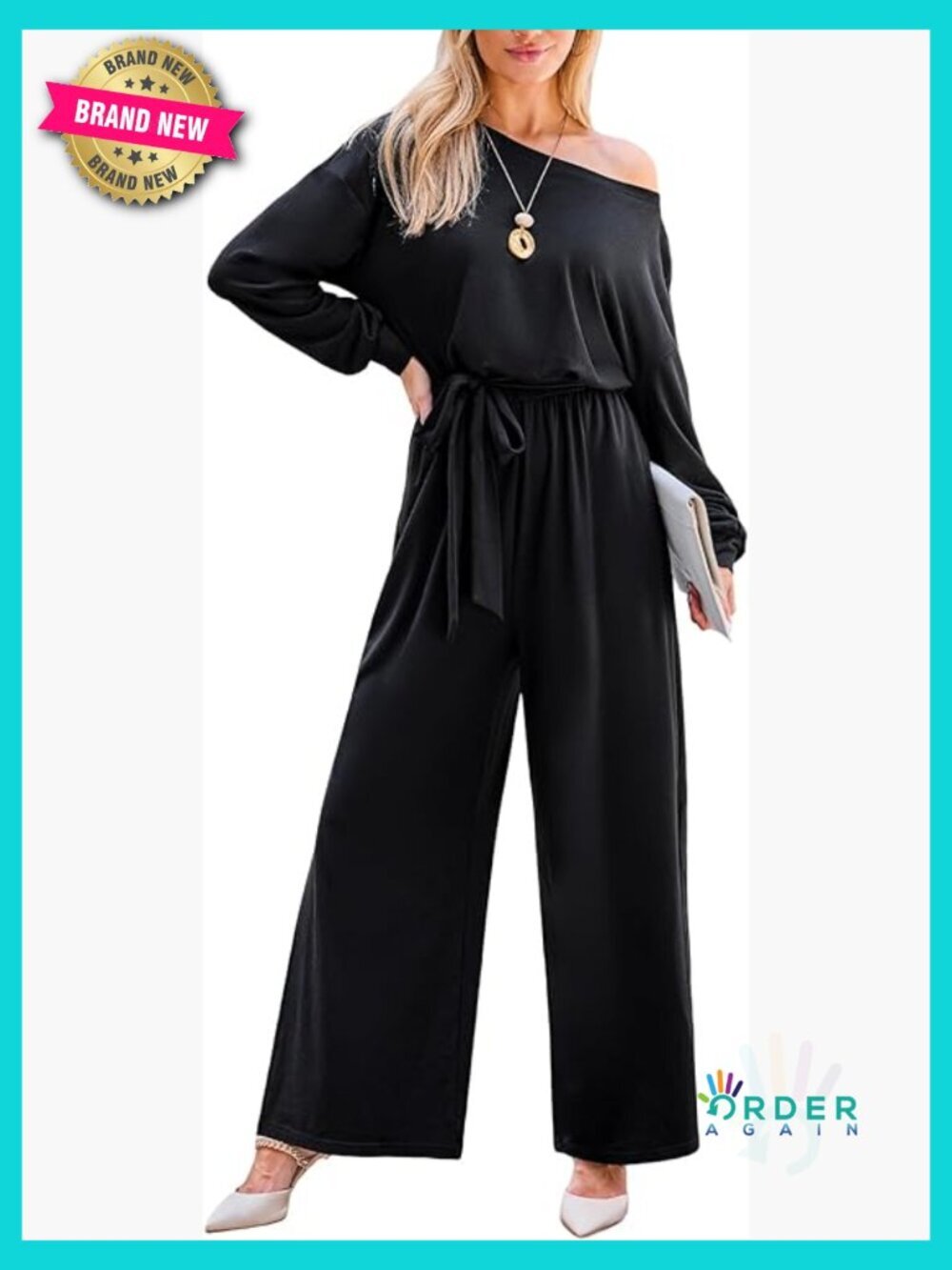 Long Sleeve Off Shoulder Belted Overalls Wide Leg Jumpsuit with Pockets